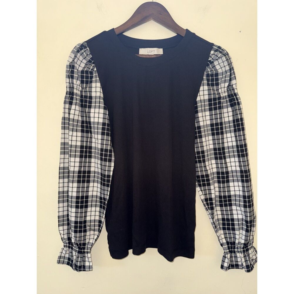 LOFT Black Ribbed Knit Mixed Media Plaid Puff Sleeve Top Size S